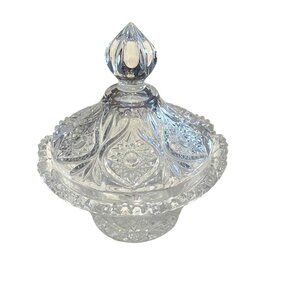 Vintage Lead Crystal Covered Star Pattern Lidded Candy Dish Clear Glass u